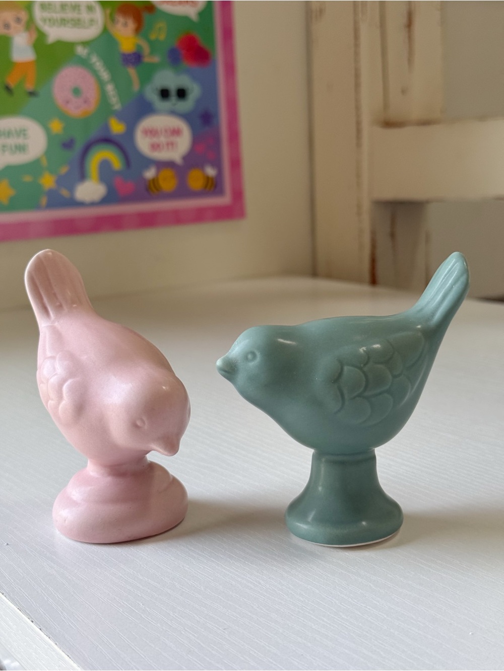 Set of Two Ceramic Birds Sage Green Light Pink Sparrows Cute Home Decor Trinkets